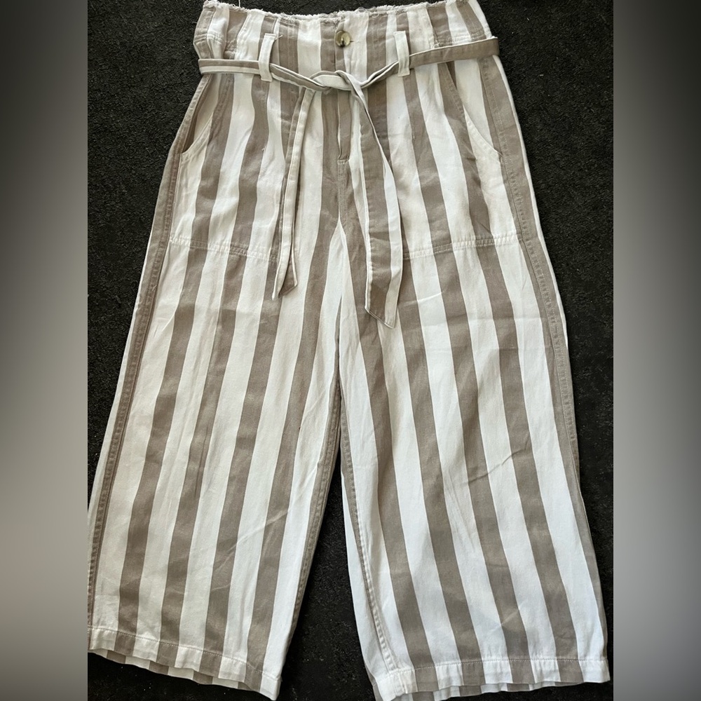 Topshop Taupe and White Striped Paperbag Waist Pants
